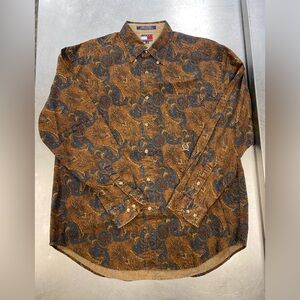 Vintage 90’s Tommy Hilfiger Men's Brown Burgundy Shirt Sz L